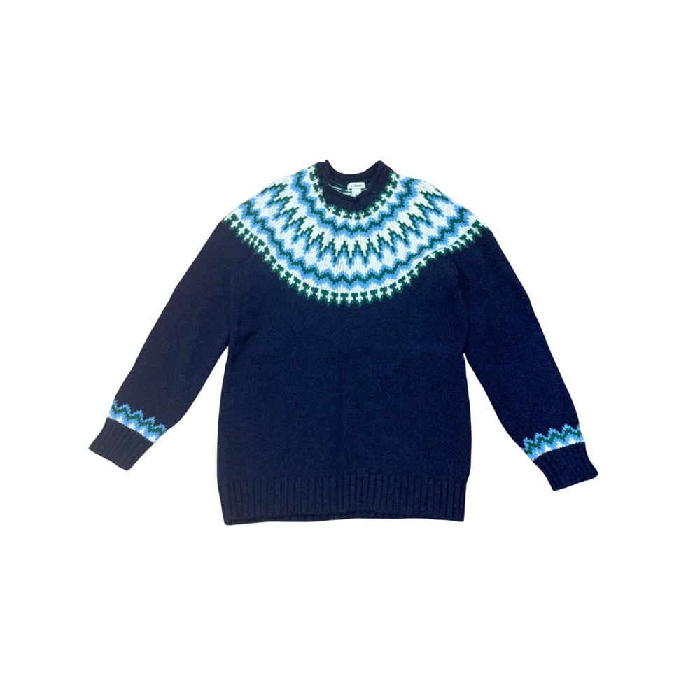 LL Bean Womens Navy Fair Isle Lambswool Rolled Neck Sweater Icelandic Knit L